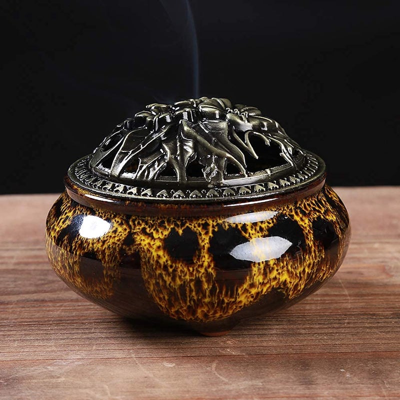 LamDawn Incense Burner with Calabash Incense Stick Holder - Porcelain Charcoal Censer for Use with Resin Granular Powder Cone or Coil Incense (Fambe Yellow) - Image 3
